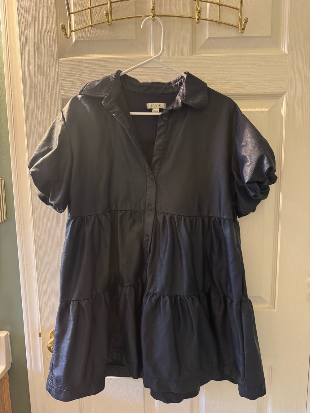 Maeve Navy Faux-Leather Trim Shirt